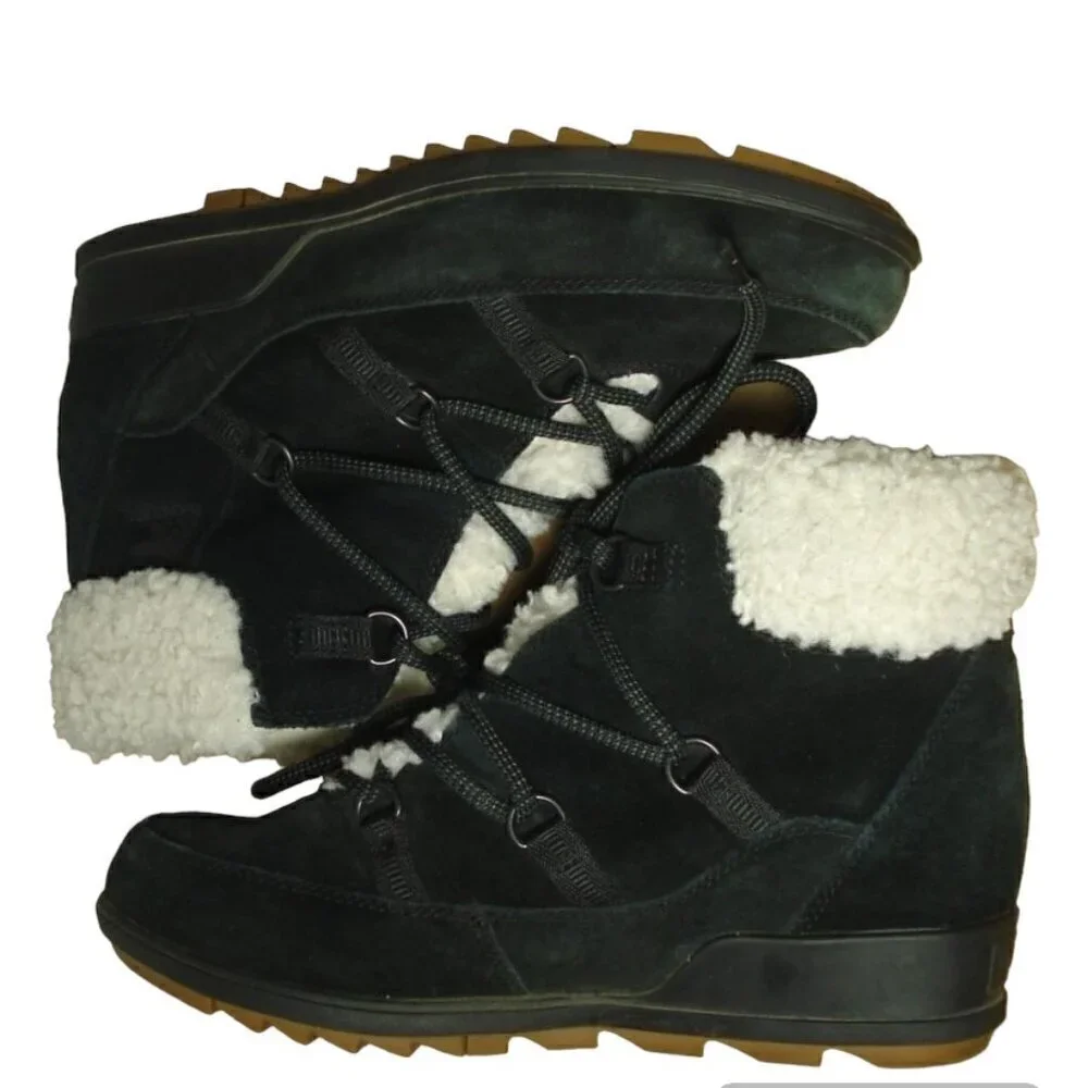 Sorel Boots EVIE Wedge Booties Women's Size 10 Black Cozy Lace Up 41eu